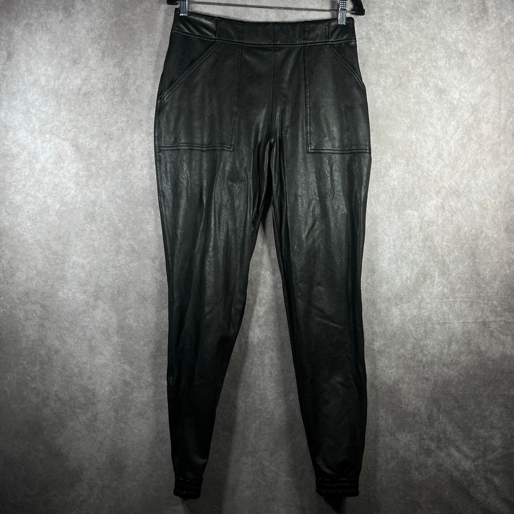 Spanx Pants Womens Size Large Black Faux Leather Joggers Pull On High Rise Biker